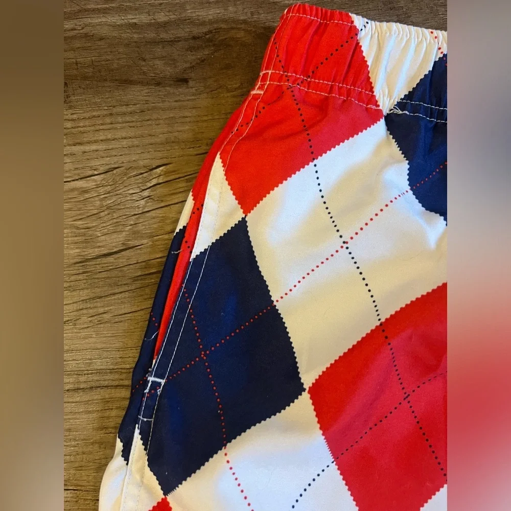 Loudmouth Golf Swim Trunks Board Shorts Blue Red White Argyle Men’s Large I12‎
